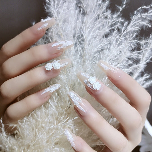 Nude White Camellia Press on Nails