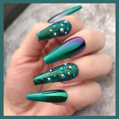 Dark Green Diamond Press On Nails Coffin False Nails 20 PCS