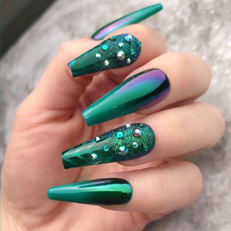 Dark Green Diamond Press On Nails Coffin False Nails 20 PCS