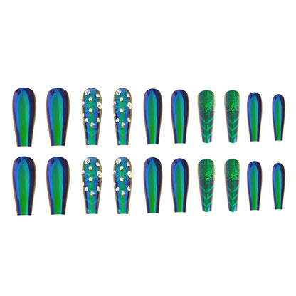 Dark Green Diamond Press On Nails Coffin False Nails 20 PCS