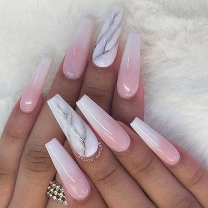 Pink Marbling Press On Nails Coffin False Nails 24 PCS