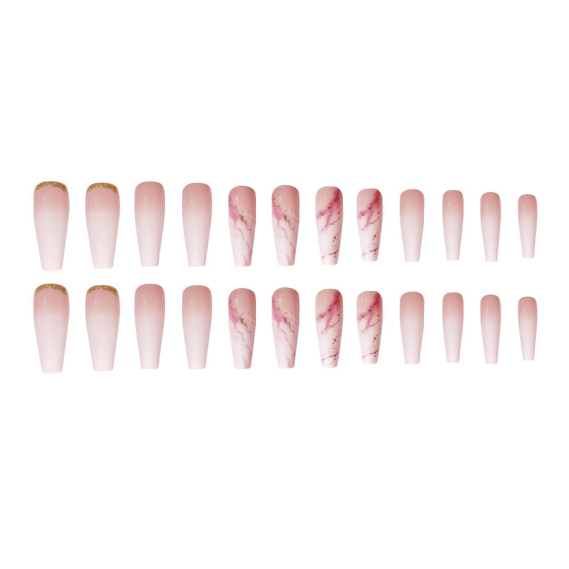 Gradient Pink Gold Foil Press On Nails Coffin False Nails 24 PCS